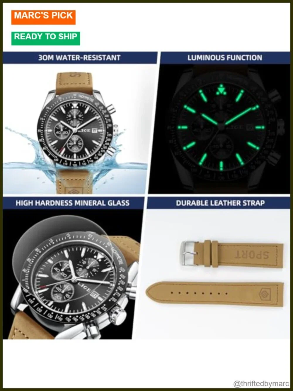 Men's Chronograph Dress Watch Brown Leather Waterproof Luminous Casual